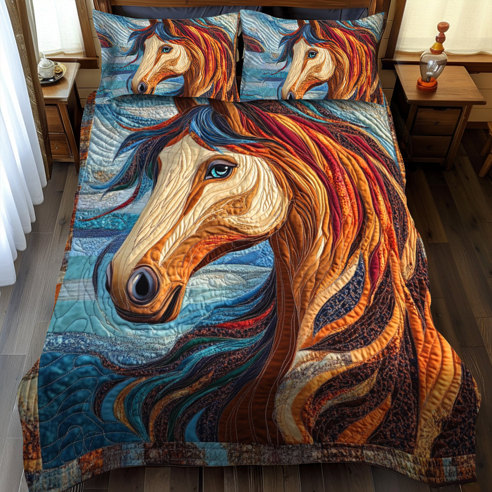 Orange Dynamic Horse Design quilted 3-piece bedding set on a made bed with two matching pillow shams