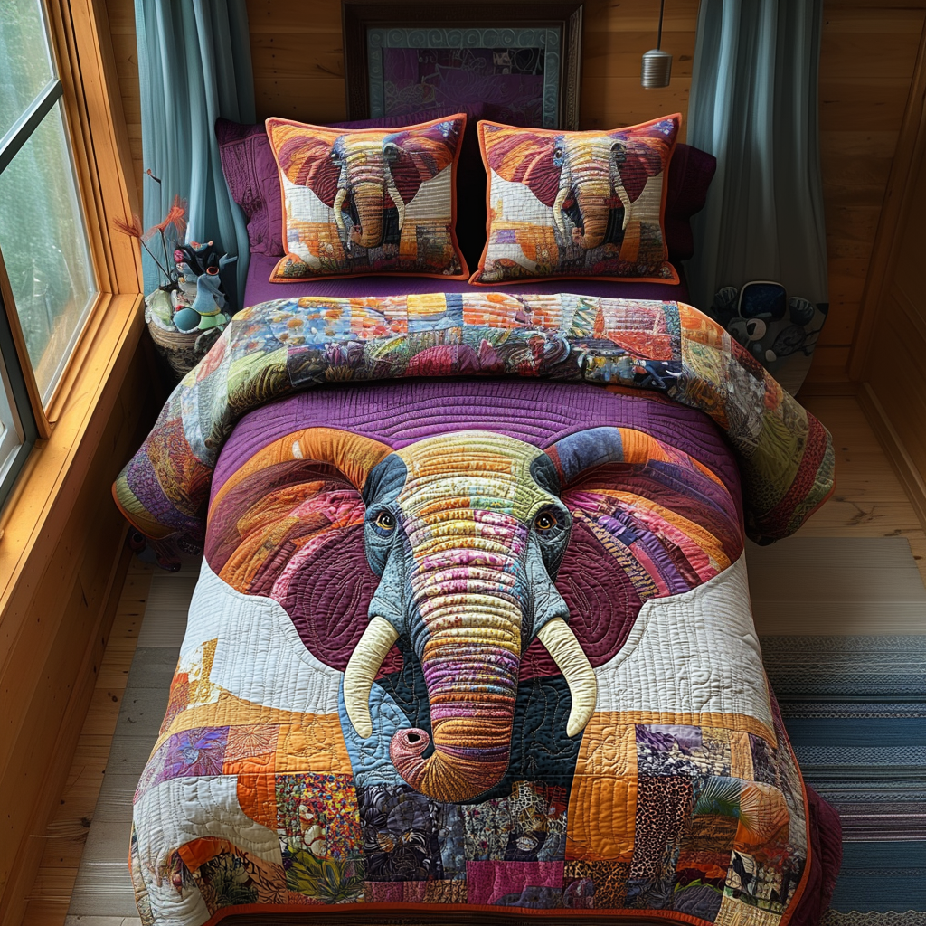 Orange Elephant Harmony quilted 3-piece bedding set on a made bed with two matching pillow shams