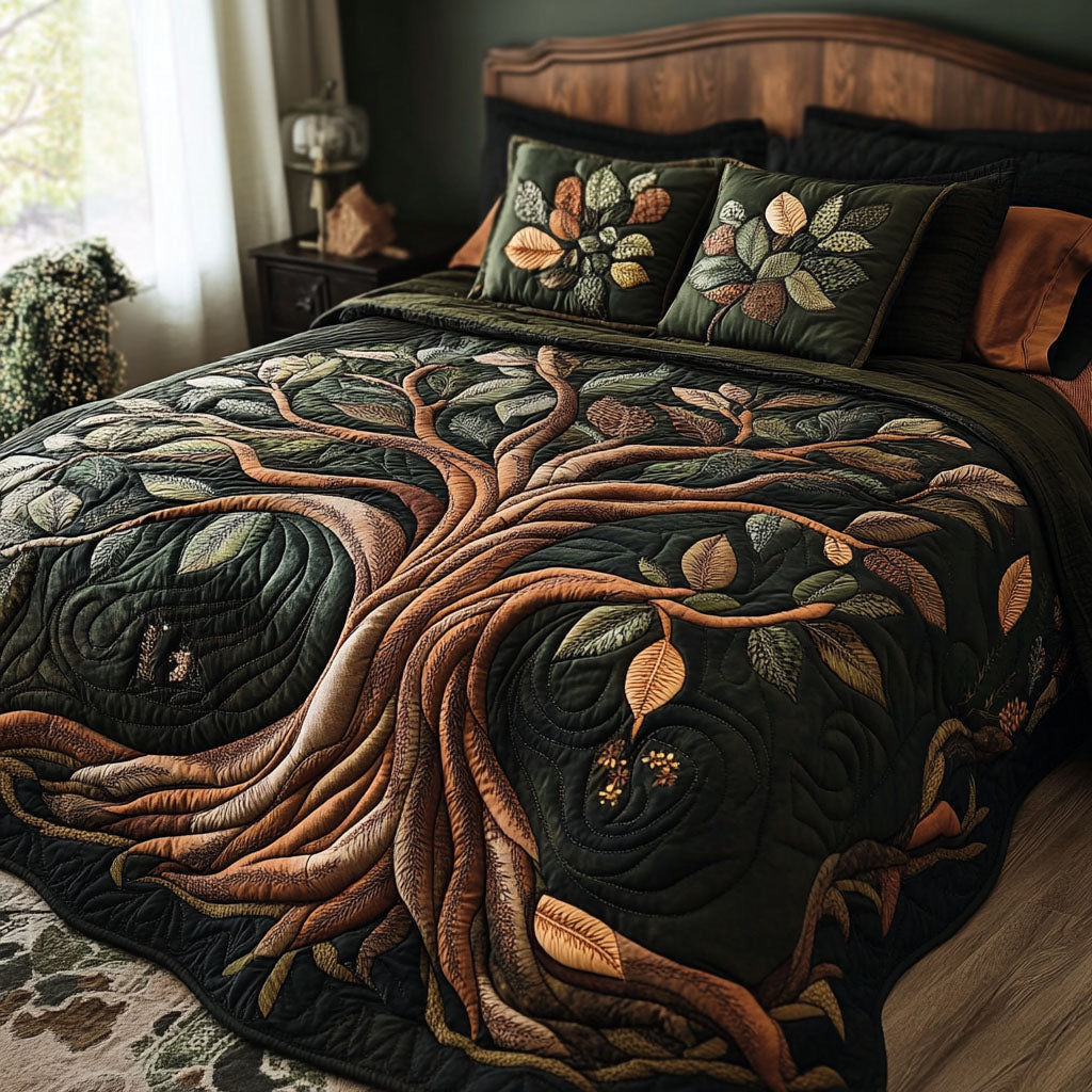 Orange Eternal Roots Tree Of Life quilted 3-piece bedding set on a made bed with two matching pillow shams