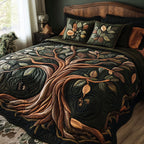 Orange Eternal Roots Tree Of Life quilted 3-piece bedding set on a made bed with two matching pillow shams