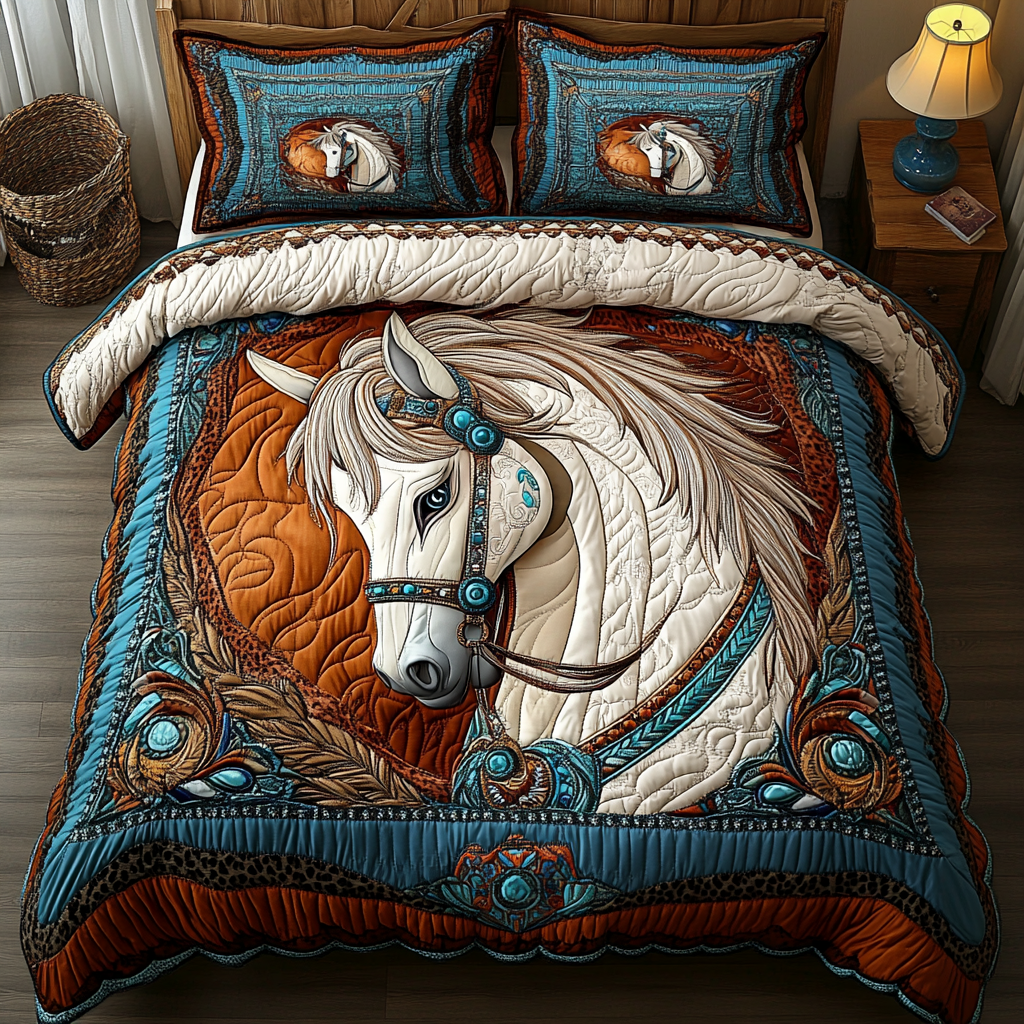 Orange Graceful Stride quilted 3-piece bedding set on a made bed with two matching pillow shams