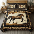 Orange Horse Dream quilted 3-piece bedding set on a made bed with two matching pillow shams