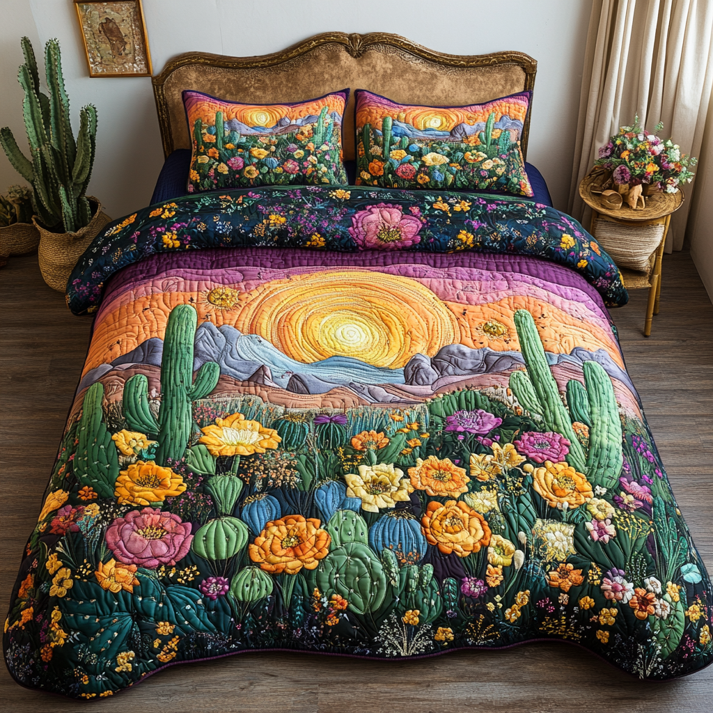 Orange Prickly Paradise quilted 3-piece bedding set on a made bed with two matching pillow shams