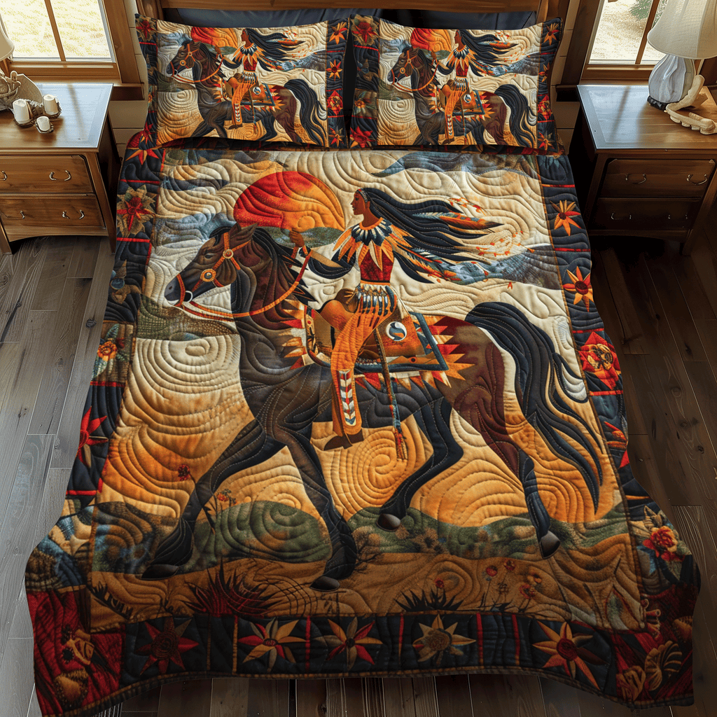 Orange Southwest Horse quilted 3-piece bedding set on a made bed with two matching pillow shams