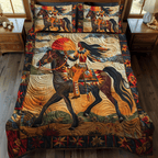 Orange Southwest Horse quilted 3-piece bedding set on a made bed with two matching pillow shams