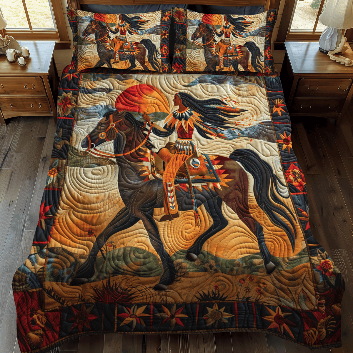 Orange Southwest Horse quilted 3-piece bedding set on a made bed with two matching pillow shams