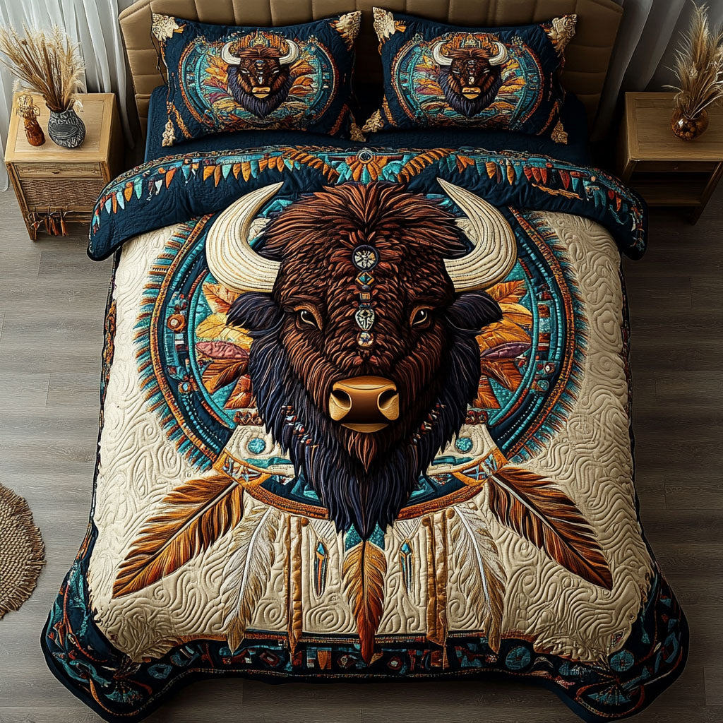 Orange Spirit Of The Plains quilted 3-piece bedding set on a made bed with two matching pillow shams