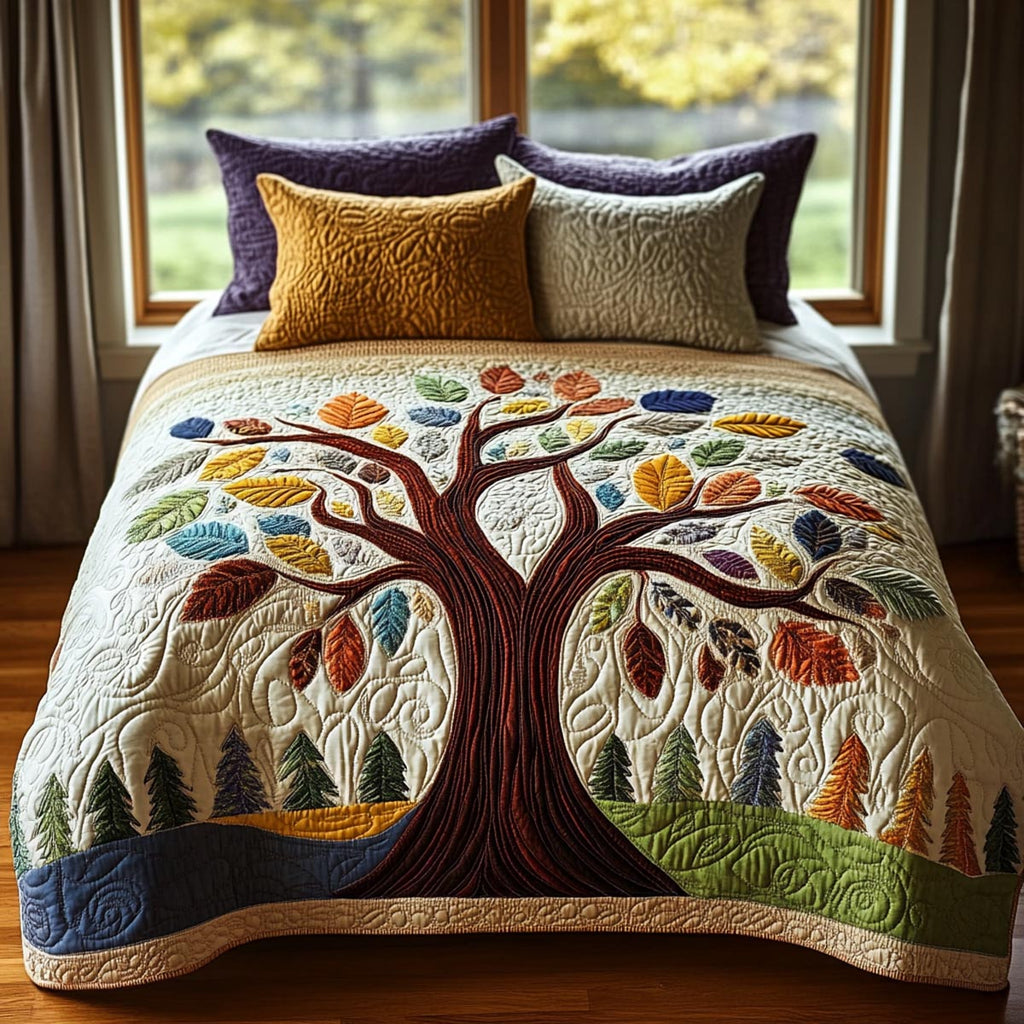 Orange Tree Of Life quilted 3-piece bedding set on a made bed with two matching pillow shams