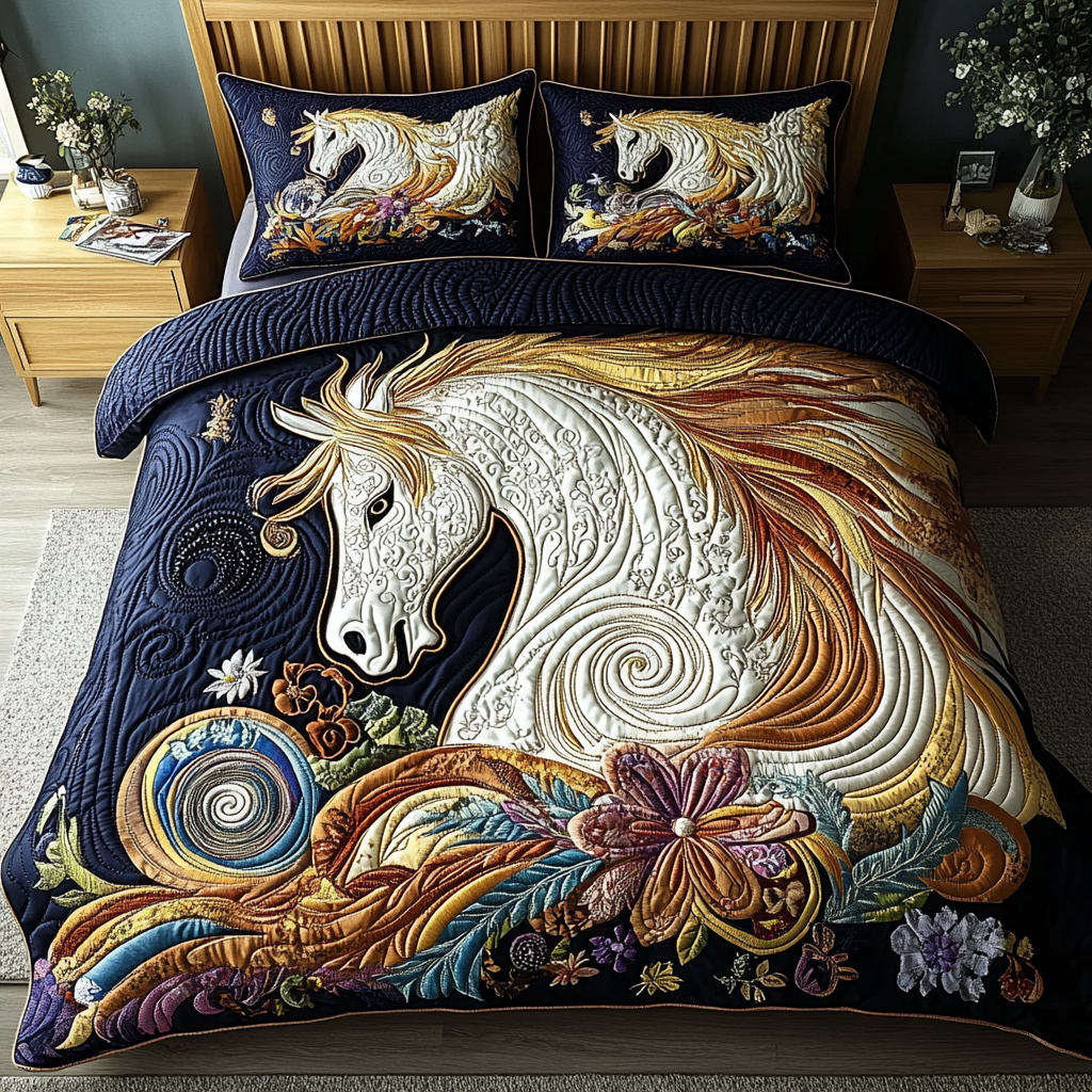 Orange Wild Spirit Bedspreads quilted 3-piece bedding set on a made bed with two matching pillow shams