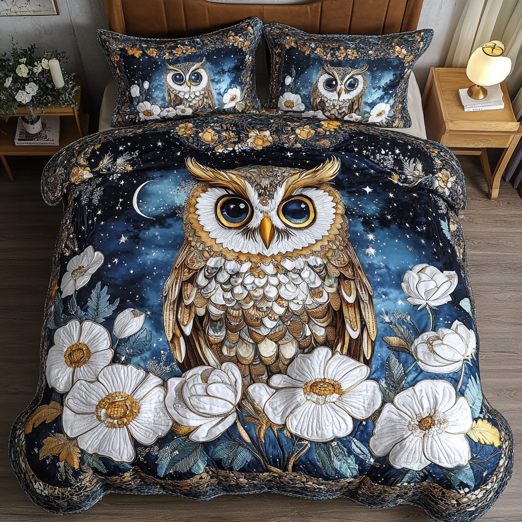 Owl Dream Animal quilted 3-piece bedding set on a made bed with two matching pillow shams
