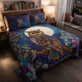Owl Dream Bedspread quilted 3-piece bedding set on a made bed with two matching pillow shams