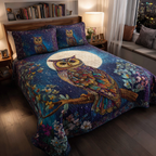 Owl Dream Bedspread quilted 3-piece bedding set on a made bed with two matching pillow shams