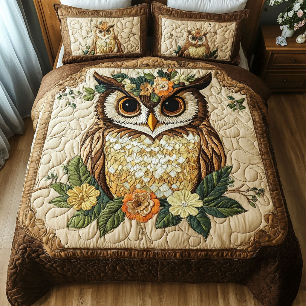 Owl Haven quilted 3-piece bedding set on a made bed with two matching pillow shams