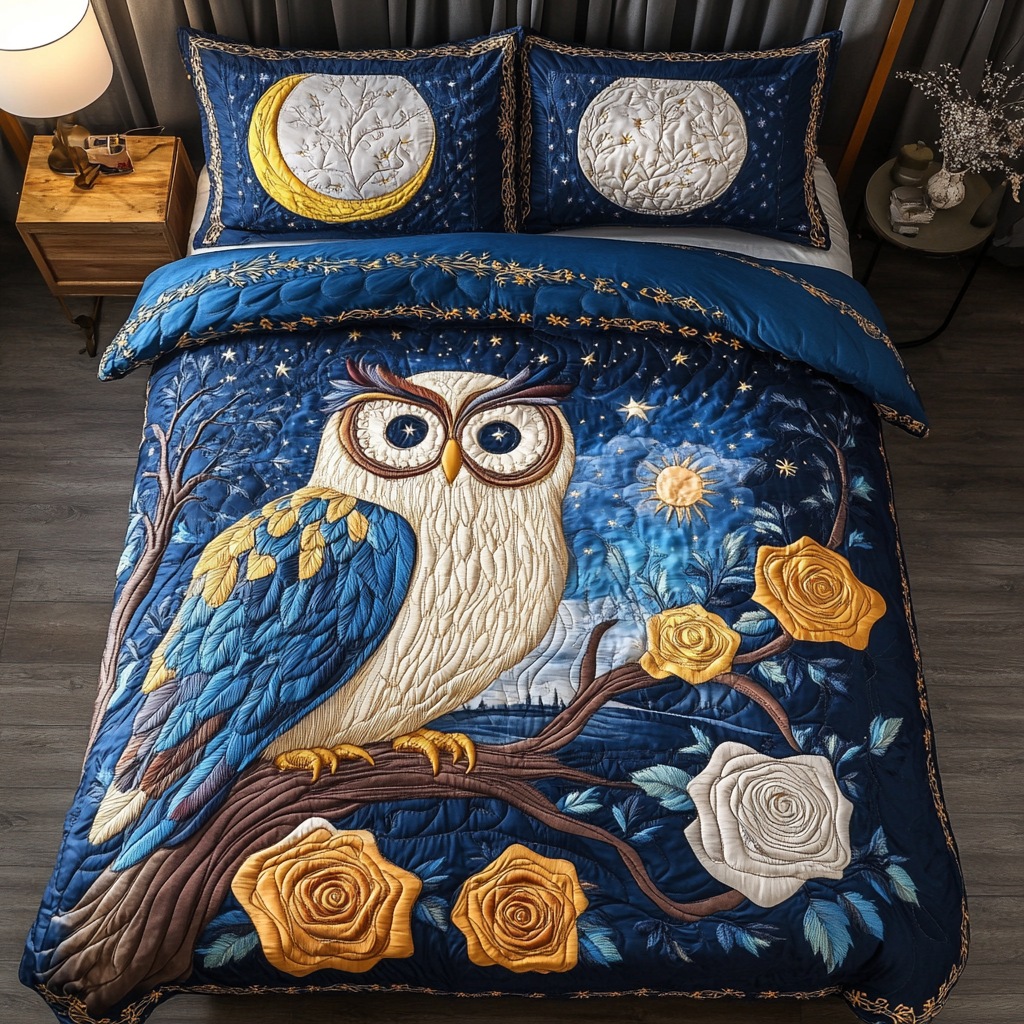Owl Silence Animal quilted 3-piece bedding set on a made bed with two matching pillow shams