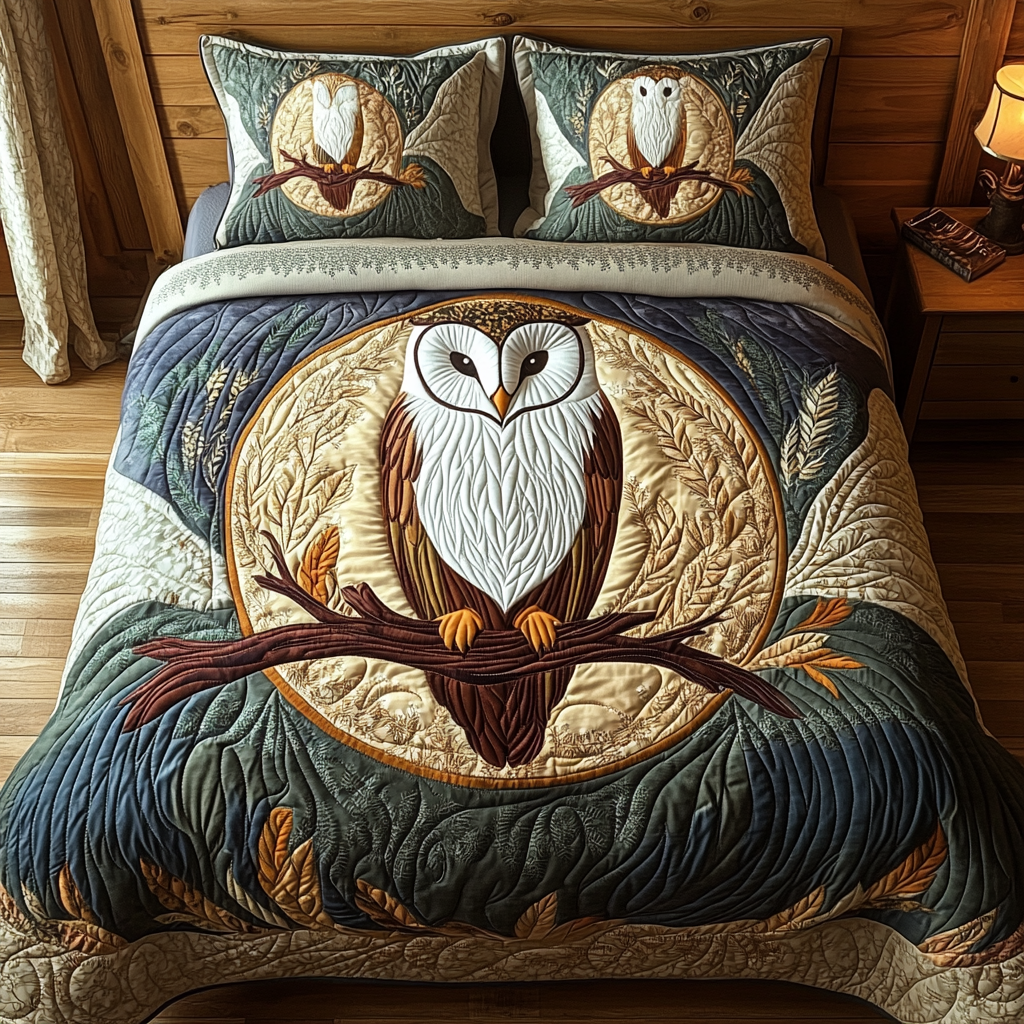 Owl Silence Barn Owl quilted 3-piece bedding set on a made bed with two matching pillow shams