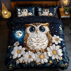 Owl Wisdom Animal quilted 3-piece bedding set on a made bed with two matching pillow shams