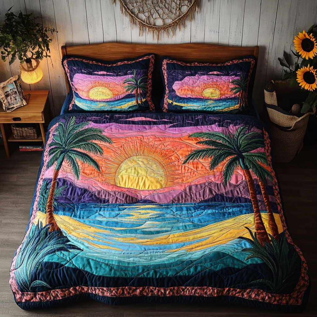 Paradise Cove quilted 3-piece bedding set on a made bed with two matching pillow shams