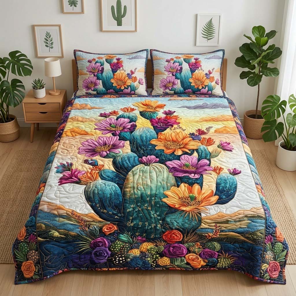 Pastel Desert quilted 3-piece bedding set on a made bed with two matching pillow shams