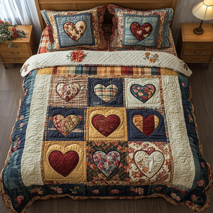 Patch Passion quilted 3-piece bedding set on a made bed with two matching pillow shams