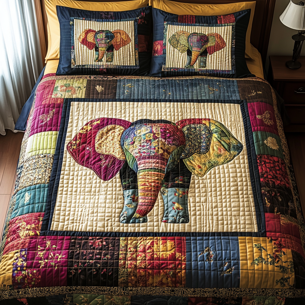 Patchwork Bliss quilted 3-piece bedding set on a made bed with two matching pillow shams