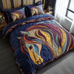 Patchwork Horse quilted 3-piece bedding set on a made bed with two matching pillow shams
