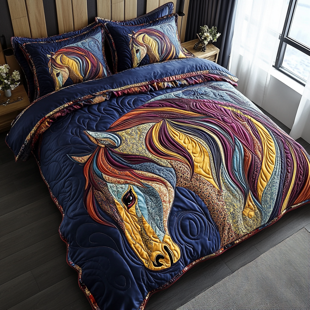 Patchwork Horse quilted 3-piece bedding set on a made bed with two matching pillow shams