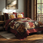 Patchwork Leaf Style quilted 3-piece bedding set on a made bed with two matching pillow shams