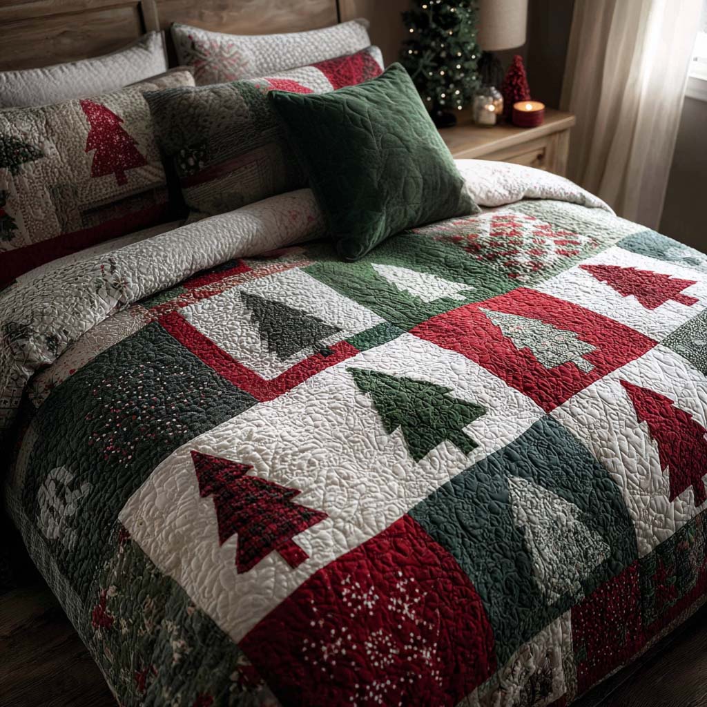 Patchwork Tree quilted 3-piece bedding set on a made bed with two matching pillow shams