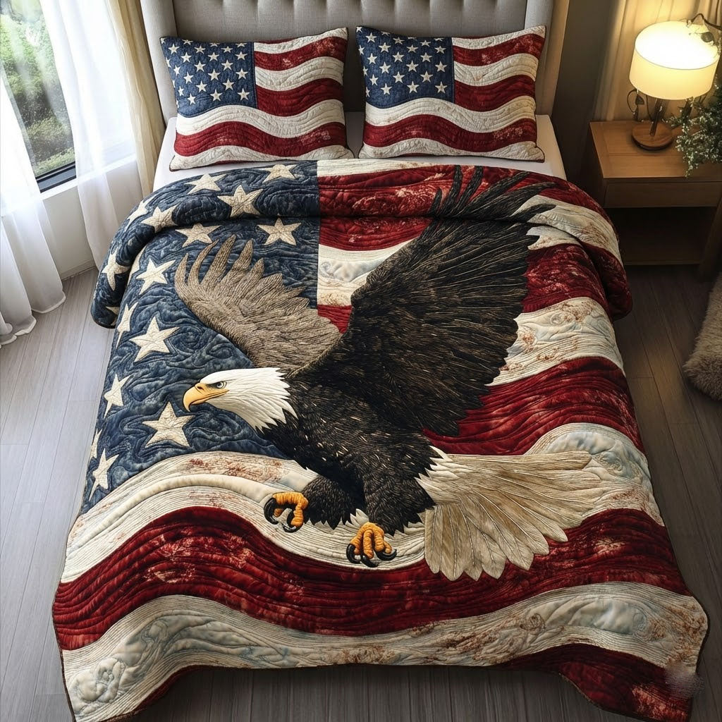 Patriot Spirit quilted 3-piece bedding set on a made bed with two matching pillow shams