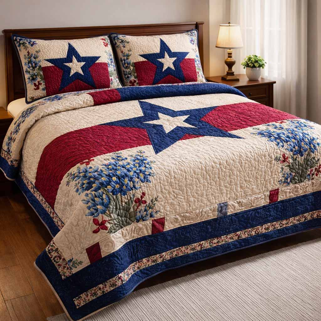 Patriot Star Americana quilted 3-piece bedding set on a made bed with two matching pillow shams