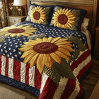 Patriotic Sunflower quilted 3-piece bedding set on a made bed with two matching pillow shams