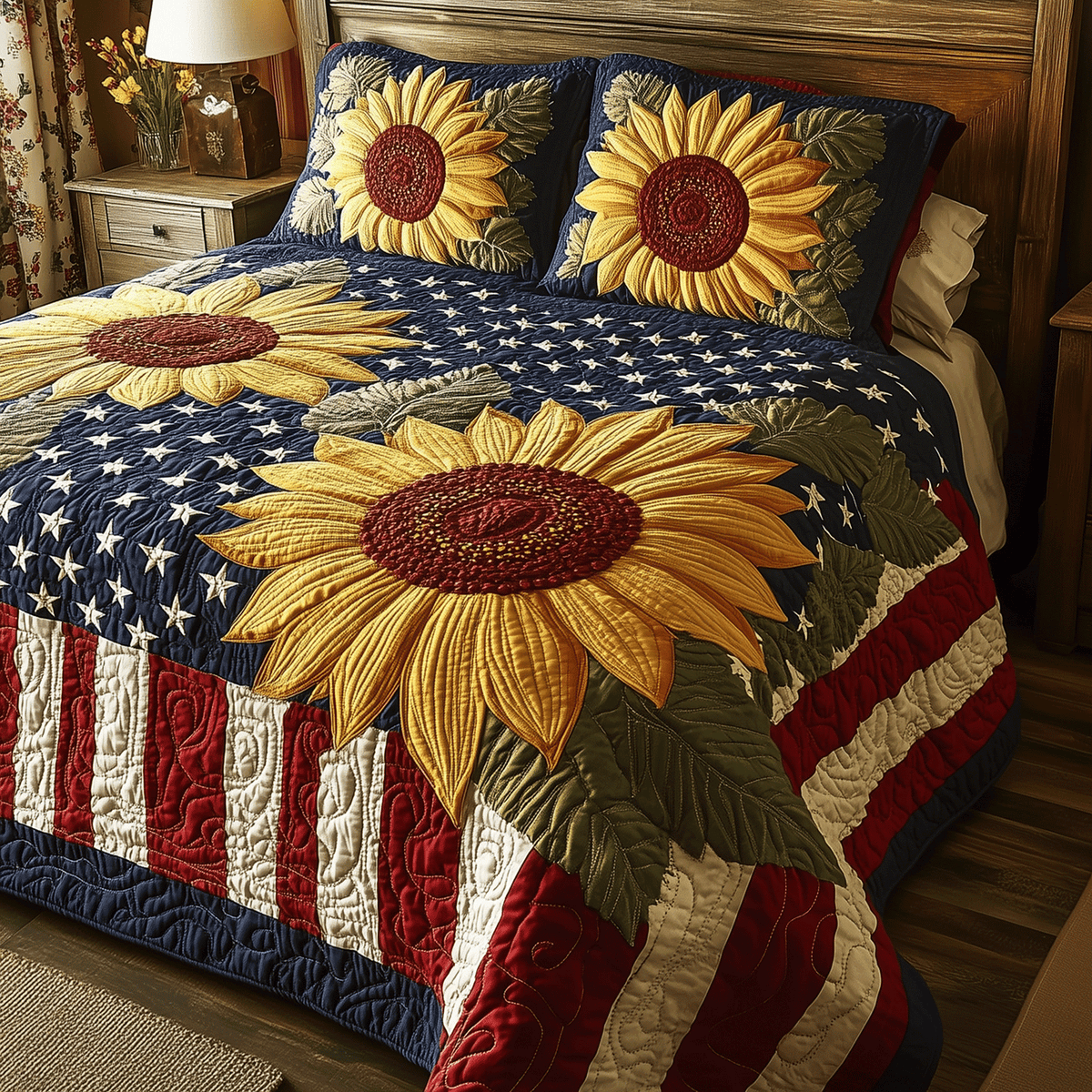Patriotic Sunflower quilted 3-piece bedding set on a made bed with two matching pillow shams