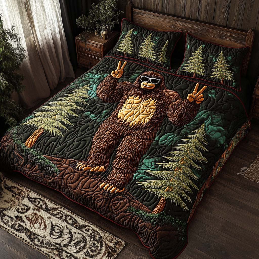 Peaceful Beast quilted 3-piece bedding set on a made bed with two matching pillow shams
