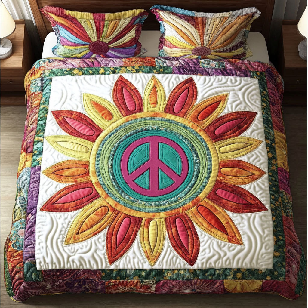 Peaceful Sunflower quilted 3-piece bedding set on a made bed with two matching pillow shams