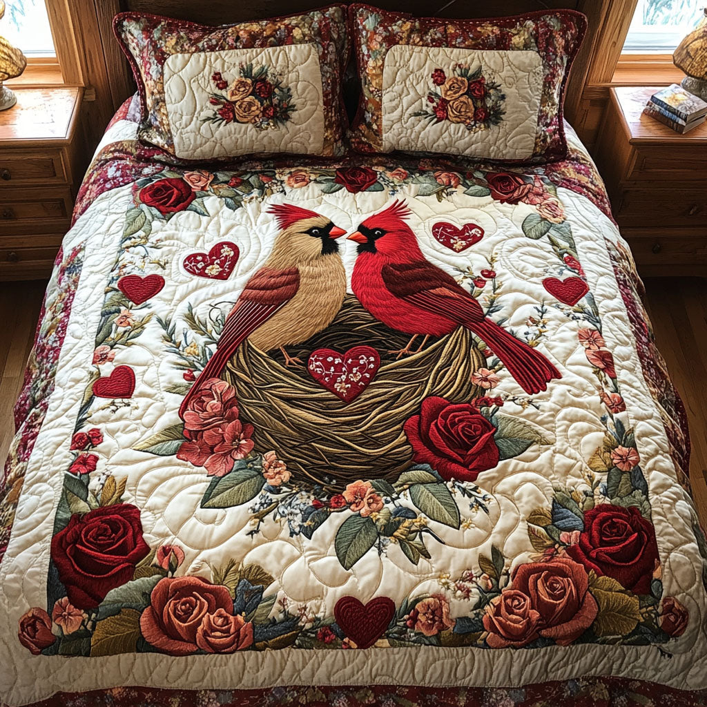 Perched Together quilted 3-piece bedding set on a made bed with two matching pillow shams
