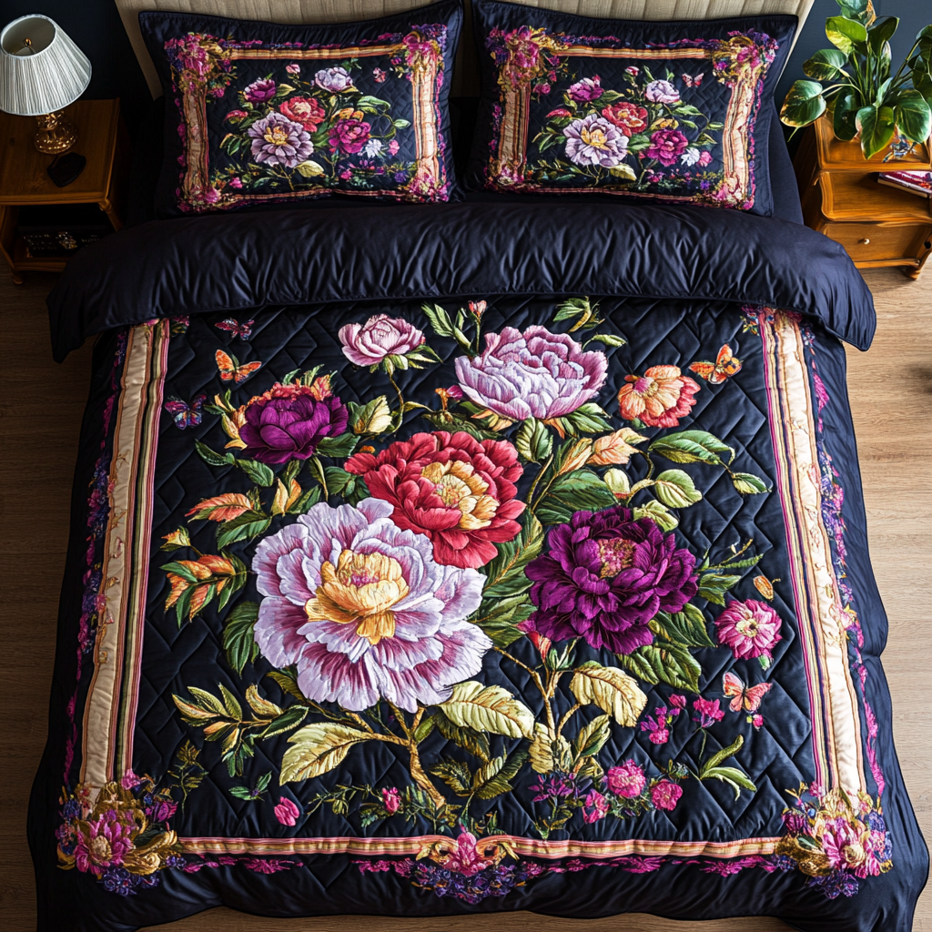 Petal Beauty Bedspread quilted 3-piece bedding set on a made bed with two matching pillow shams