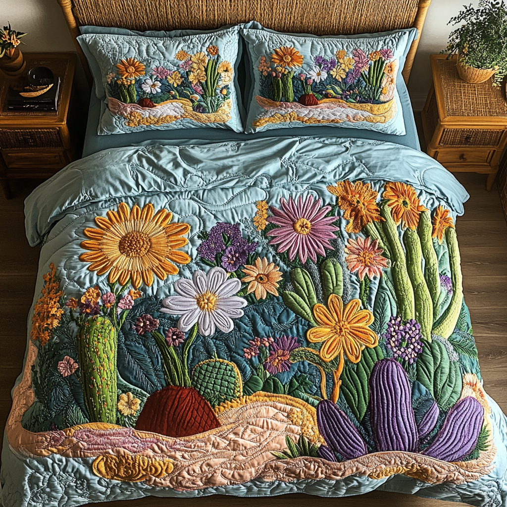 Petal Paradise Bloom quilted 3-piece bedding set on a made bed with two matching pillow shams