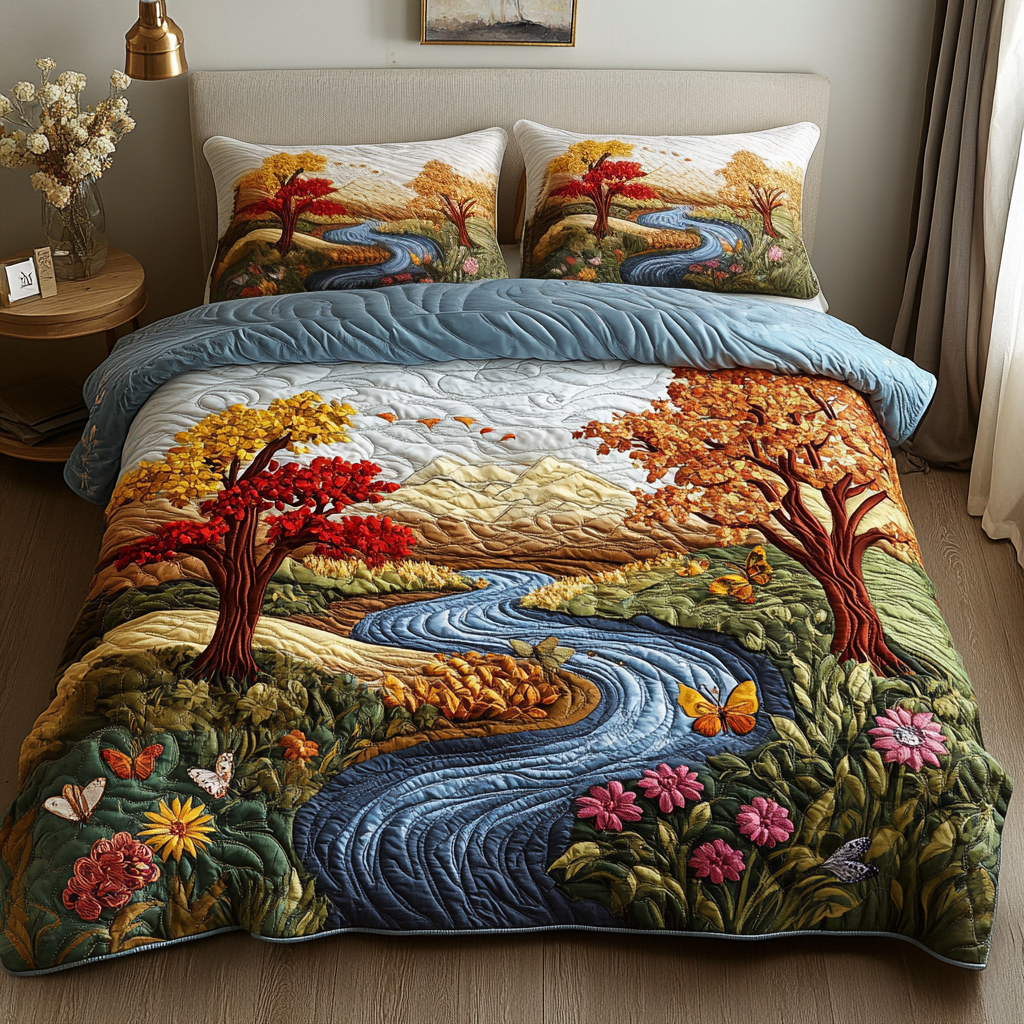 Pine Haven Bloom quilted 3-piece bedding set on a made bed with two matching pillow shams