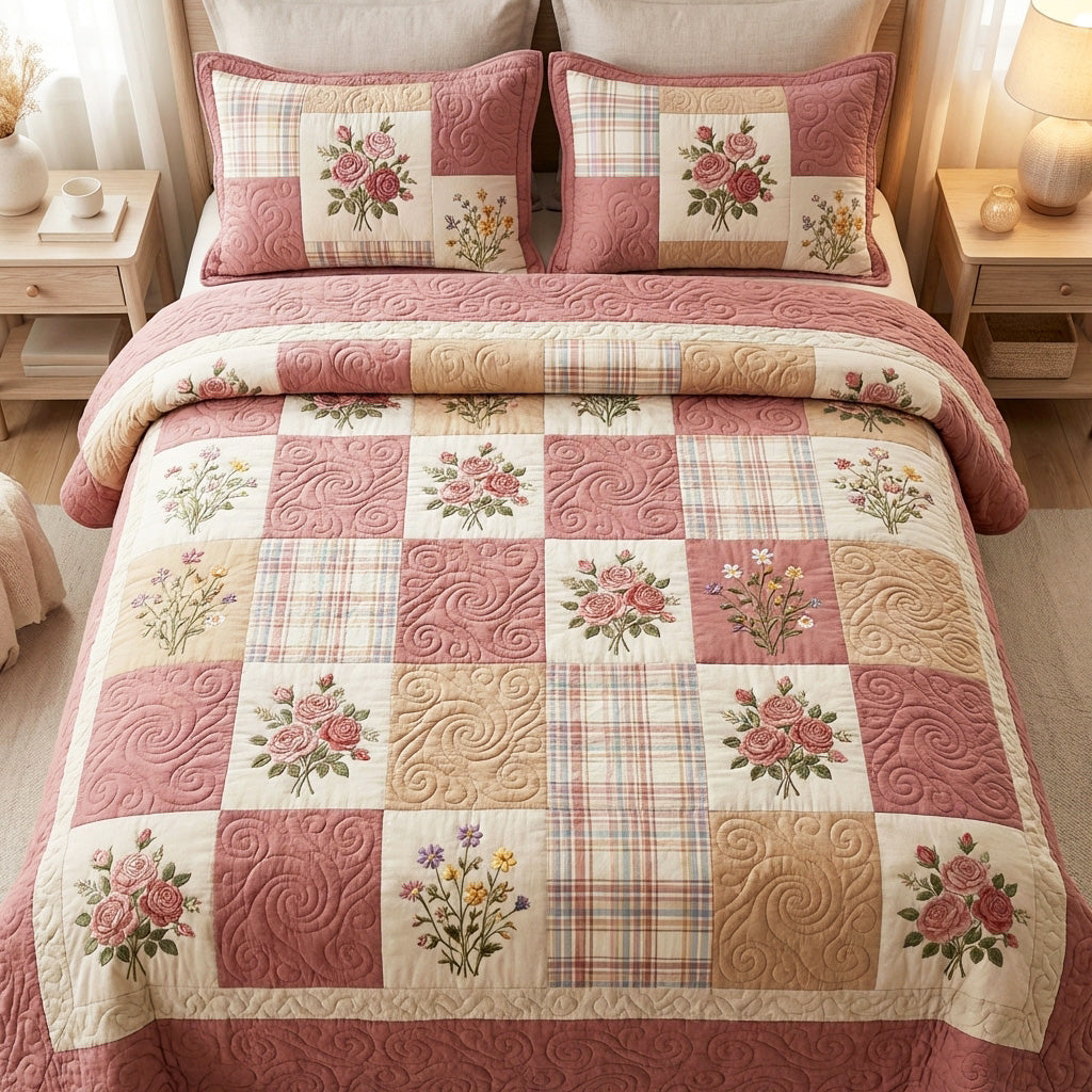 Pink Meadow quilted 3-piece bedding set on a made bed with two matching pillow shams