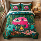 Pink Trailer quilted 3-piece bedding set on a made bed with two matching pillow shams