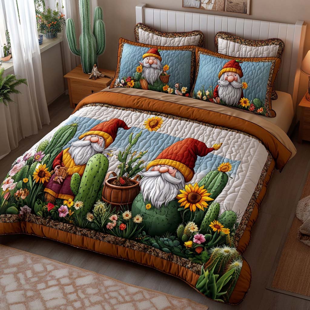 Playful Gnome Life quilted 3-piece bedding set on a made bed with two matching pillow shams