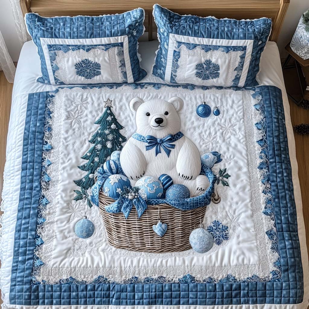 Polar Cheer Animal quilted 3-piece bedding set on a made bed with two matching pillow shams
