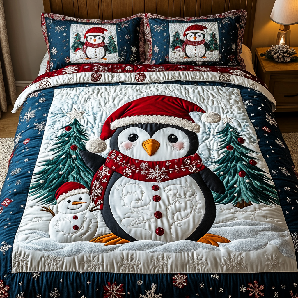 Polar Pals quilted 3-piece bedding set on a made bed with two matching pillow shams