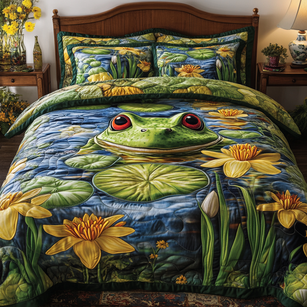 Pond Peace Bedspread quilted 3-piece bedding set on a made bed with two matching pillow shams