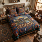 Prairie Horns quilted 3-piece bedding set on a made bed with two matching pillow shams
