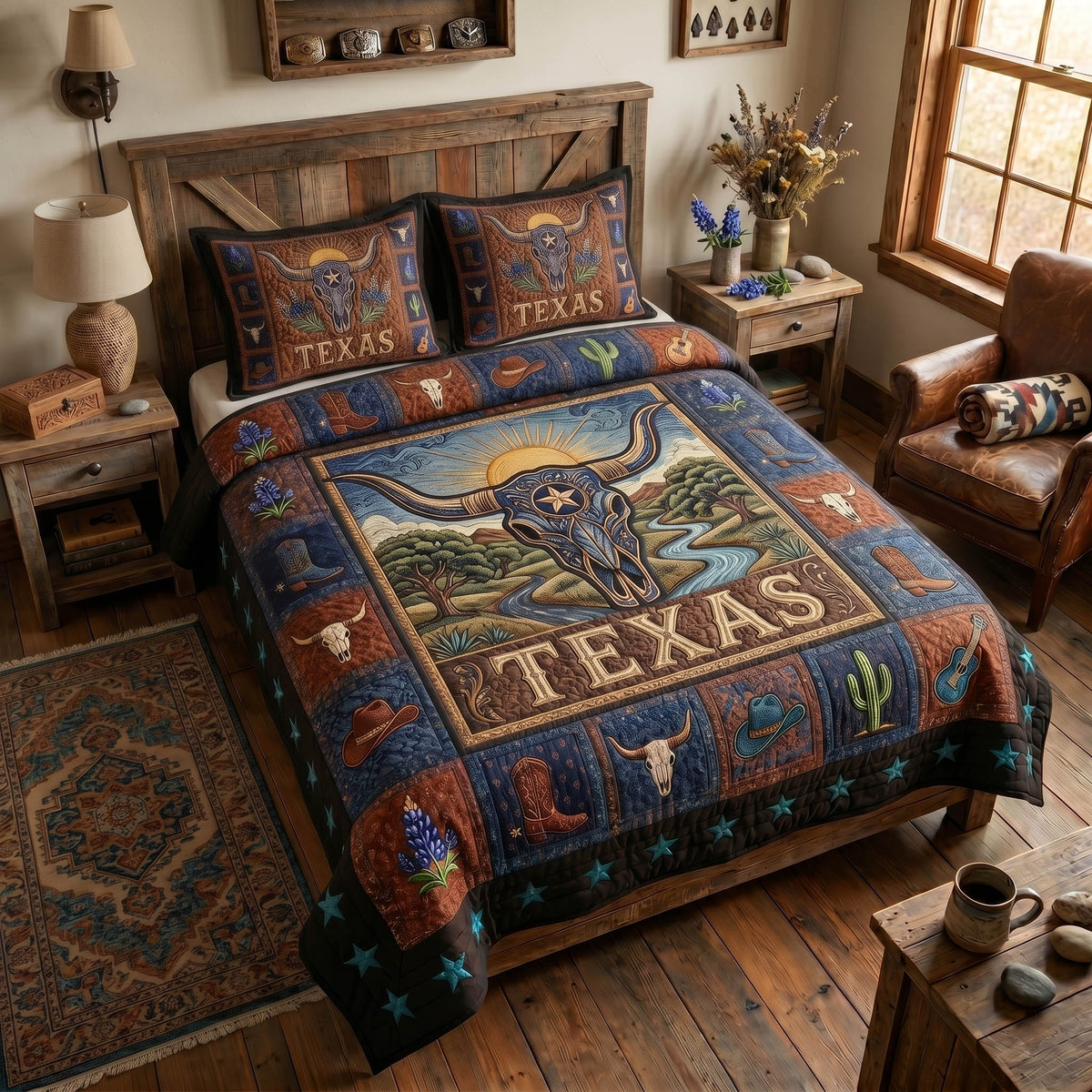 Prairie Horns quilted 3-piece bedding set on a made bed with two matching pillow shams