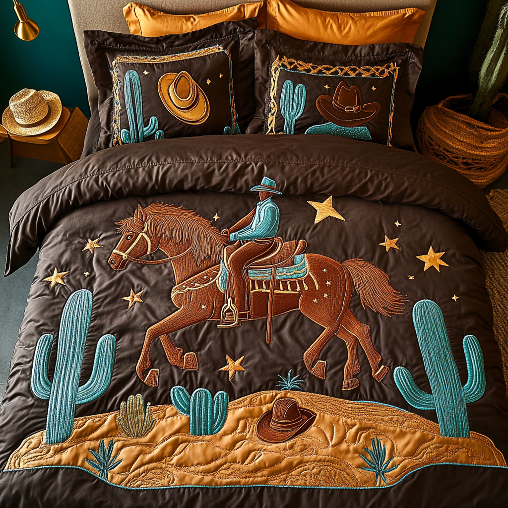 Prairie Nights Bedspread quilted 3-piece bedding set on a made bed with two matching pillow shams