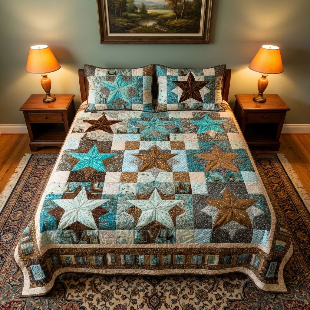 Prairie Patch quilted 3-piece bedding set on a made bed with two matching pillow shams