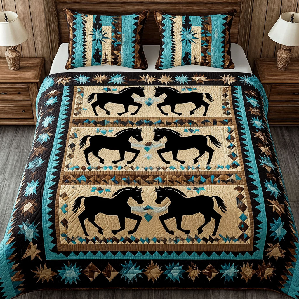 Prairie Sunset quilted 3-piece bedding set on a made bed with two matching pillow shams