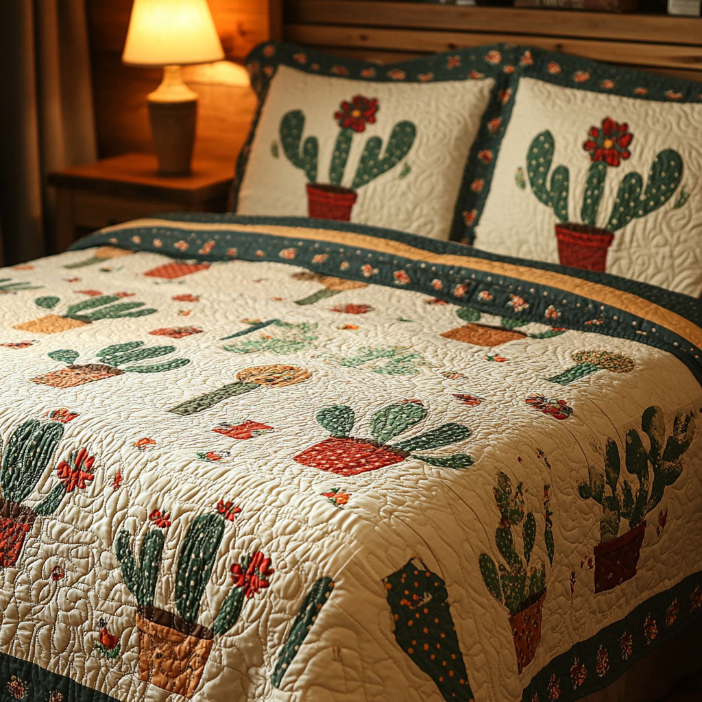 Prickly Paradise Desert quilted 3-piece bedding set on a made bed with two matching pillow shams